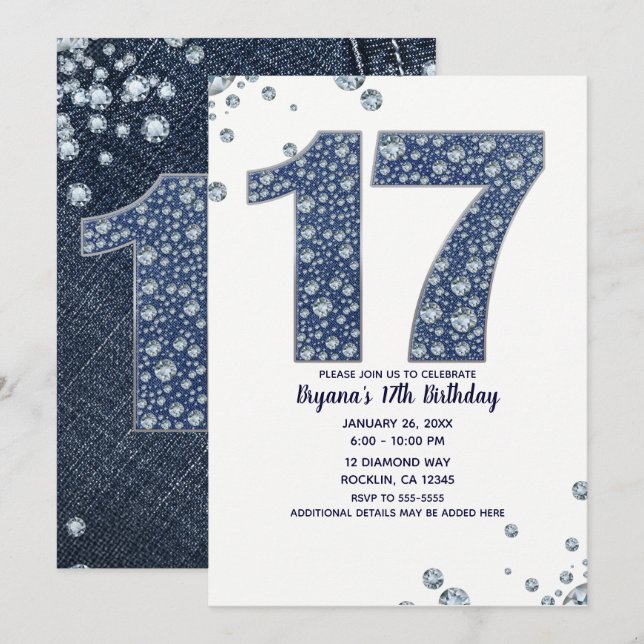 Invitación Denim & Diamonds Brillo de Purpurina 17 Cumpleaños (Anverso / Reverso)