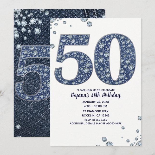 Invitación Denim & Diamonds Brillo de Purpurina 50 cumpleaños (Anverso / Reverso)