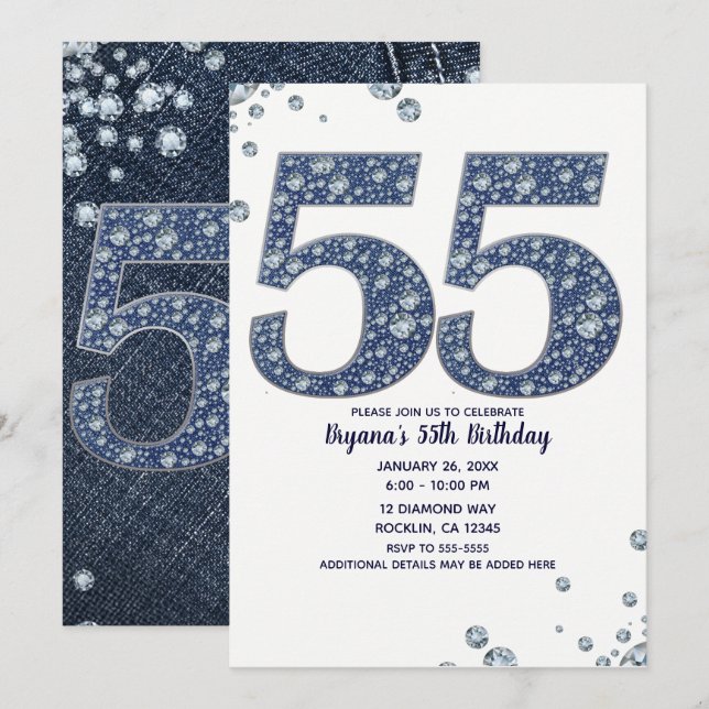 Invitación Denim & Diamonds Brillo de Purpurina 55 Cumpleaños (Anverso / Reverso)