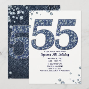 Invitación Denim & Diamonds Brillo de Purpurina 55 Cumpleaños