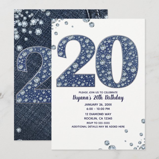 Invitación Denim & Diamonds Brillo de Purpurina Cumpleaños 20 (Anverso / Reverso)