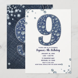 Invitación Denim & Diamonds Brillo de Purpurina Cumpleaños 9 
