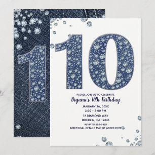 Invitación Denim & Diamonds Brillo Destello 10º 10 Cumpleaños