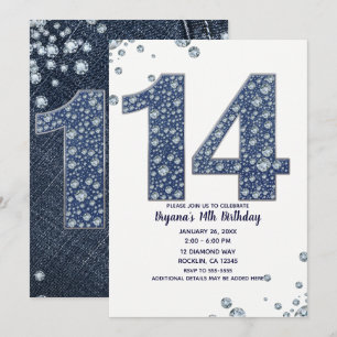 Invitación Denim & Diamonds Brillo Destello 14 Cumpleaños 14