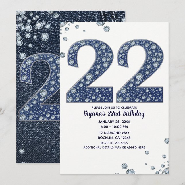 Invitación Denim & Diamonds Brillo Destello 22 Cumpleaños 22 (Anverso / Reverso)