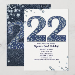 Invitación Denim & Diamonds Brillo Destello 22 Cumpleaños 22