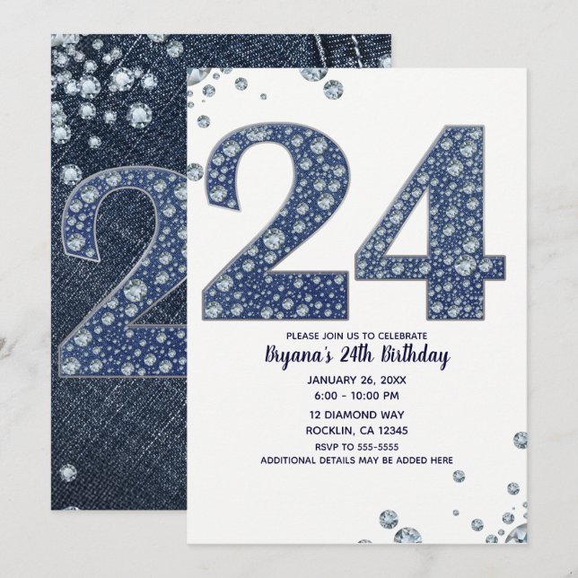 Invitación Denim & Diamonds Brillo Destello 24 Cumpleaños 24 (Anverso / Reverso)