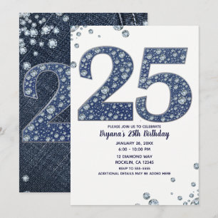 Invitación Denim & Diamonds Brillo Destello 25 Cumpleaños 25