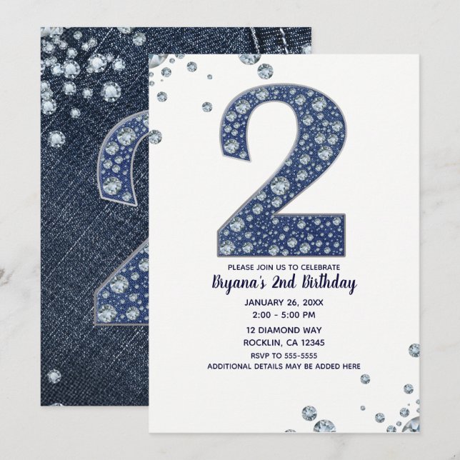 Invitación Denim & Diamonds Brillo Destello 2DO Cumpleaños 2  (Anverso / Reverso)
