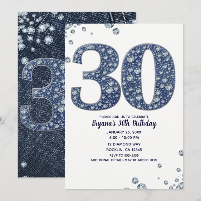 Invitación Denim & Diamonds Brillo Destello 30 Cumpleaños 30 (Anverso / Reverso)