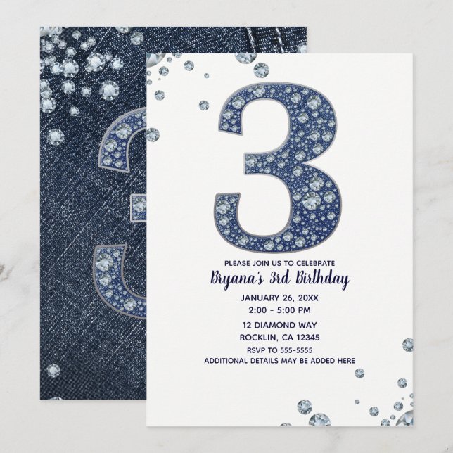 Invitación Denim & Diamonds Brillo Destello 3er Cumpleaños 3 (Anverso / Reverso)