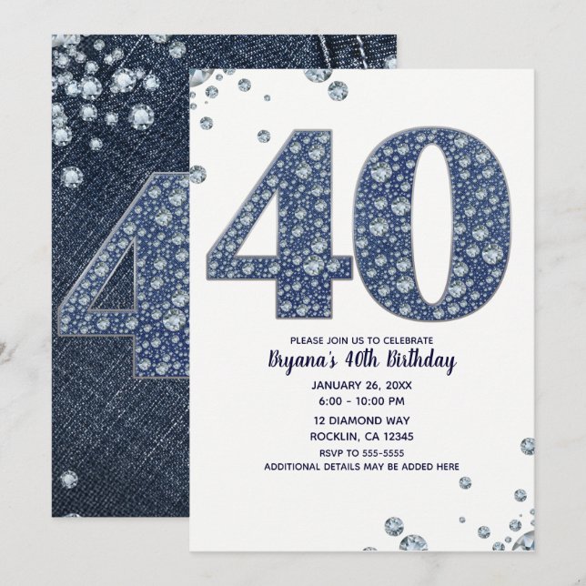 Invitación Denim & Diamonds Brillo Destello 40 Cumpleaños 40T (Anverso / Reverso)