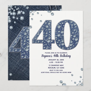 Invitación Denim & Diamonds Brillo Destello 40 Cumpleaños 40T