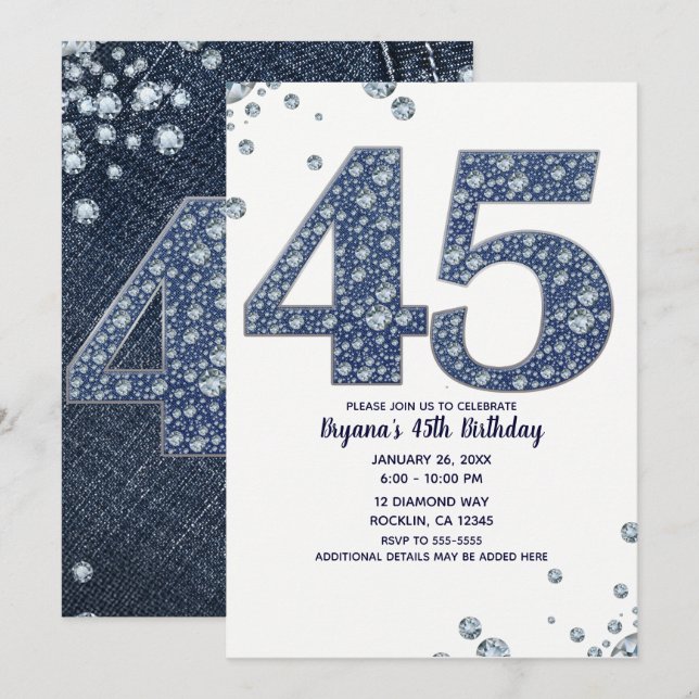 Invitación Denim & Diamonds Brillo Destello 45 Cumpleaños 45 (Anverso / Reverso)
