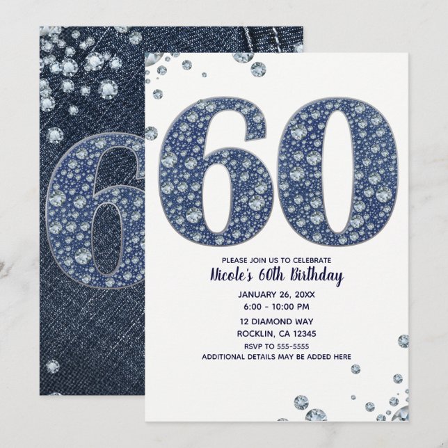 Invitación Denim & Diamonds Brillo Destello 60 Cumpleaños 60 (Anverso / Reverso)