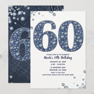 Invitación Denim & Diamonds Brillo Destello 60 Cumpleaños 60