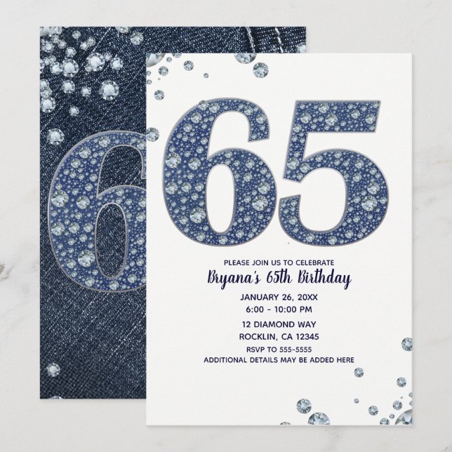 Invitación Denim & Diamonds Brillo Destello 65 Cumpleaños 65 (Anverso / Reverso)