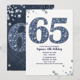 Invitación Denim & Diamonds Brillo Destello 65 Cumpleaños 65