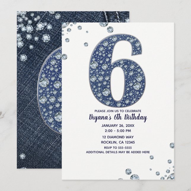 Invitación Denim & Diamonds Brillo Destello 6 cumpleaños 6 (Anverso / Reverso)