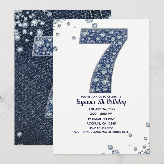 Invitación Denim & Diamonds Brillo Destello 7mo 7 Cumpleaños (Anverso / Reverso)