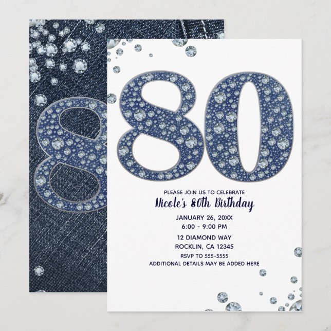 Invitación Denim & Diamonds Brillo Destello 80 cumpleaños 80 (Anverso / Reverso)