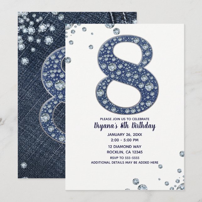 Invitación Denim & Diamonds Brillo Destello 8vo 8 Cumpleaños (Anverso / Reverso)
