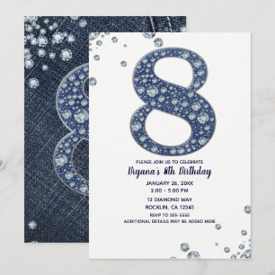Invitación Denim & Diamonds Brillo Destello 8vo 8 Cumpleaños