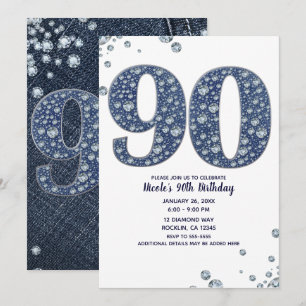 Invitación Denim & Diamonds Brillo Destello 90 cumpleaños 90