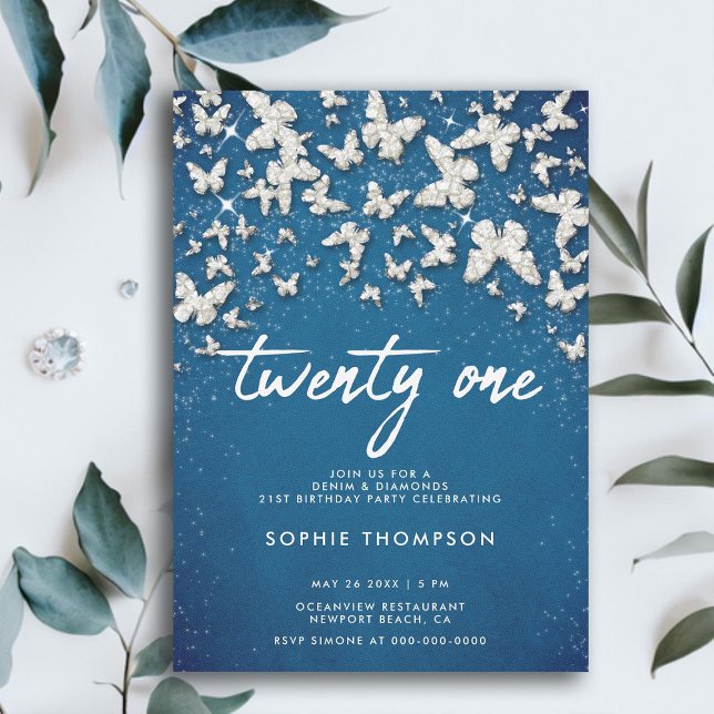 Invitación Denim Diamonds Butterflies Purpurina Blue 21st Bda (denim diamonds 21st birthday butterflies bling white blue elegant modern feminine glitter bling chic)