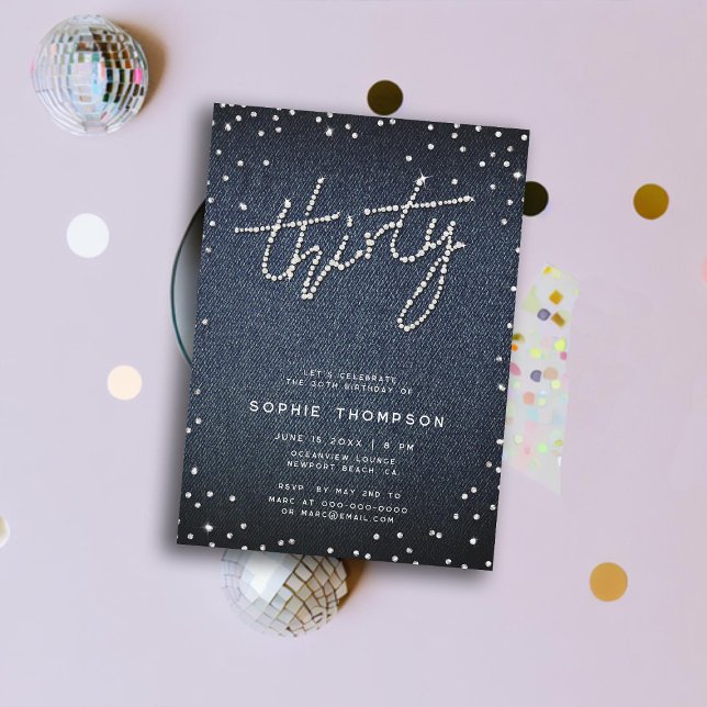 Invitación Denim Diamonds Caligrafía moderna 30 cumpleaños (denim diamonds 30th birthday invitation for women classy rhinestones modern elegant chic calligraphy)