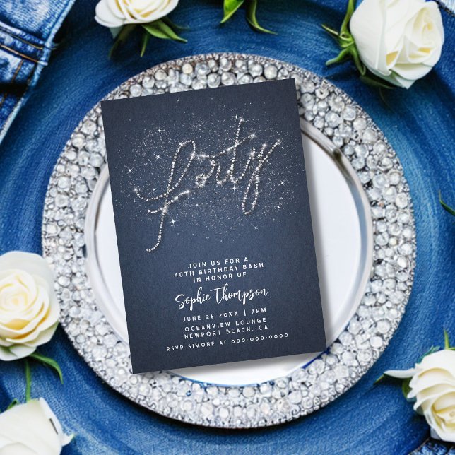 Invitación Denim Diamonds Calligraphy, 40.º Fiesta de cumplea (denim and diamonds calligraphy 40th birthday party invitation classy glam bling glamour rhinestones )