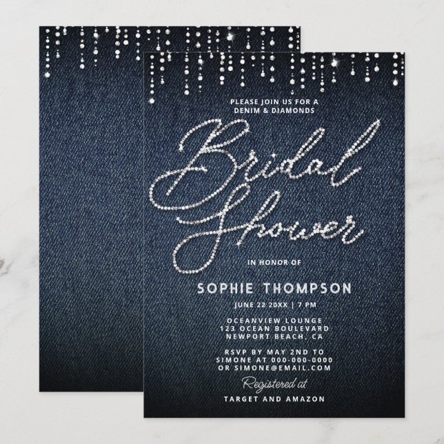 Invitación Denim Diamonds Calligraphy Elegant Bridal Shower (Anverso / Reverso)