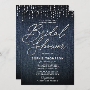 Invitación Denim Diamonds Calligraphy Elegant Bridal Shower
