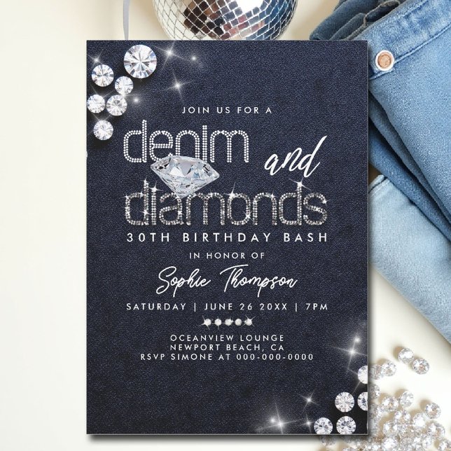 Invitación Denim Diamonds Classy Bling 30th Birthday Fiesta (denim and diamonds theme invitations 30th 50th sweet 16 elegant classy bling template)