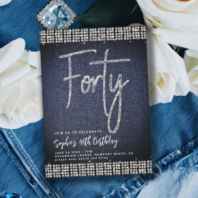 Invitación Denim Diamonds Classy Bling 40th Birthday Fiesta (denim and diamonds 40th birthday invitation classy modern elegant rhinestones calligraphy blue jeans)
