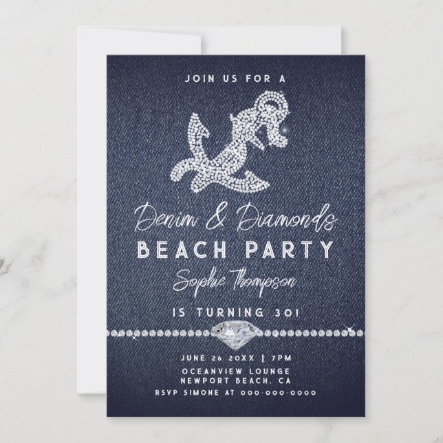 Invitación Denim Diamonds Coastal Anchor Beach Fiesta de Cump (Anverso)