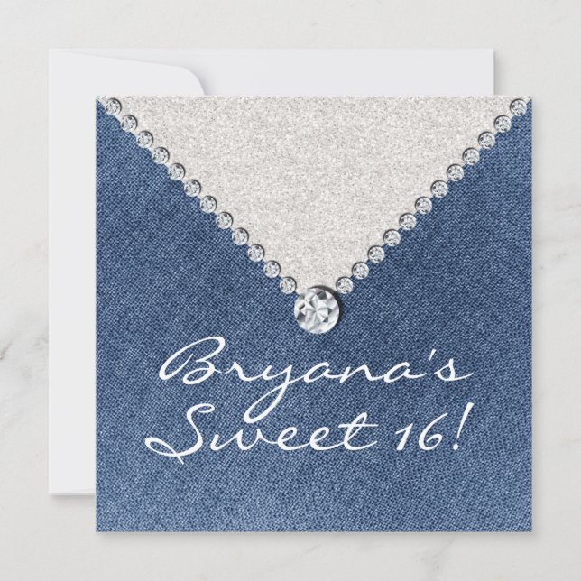 Invitación Denim Diamonds con Brillo de Plata para (Anverso)