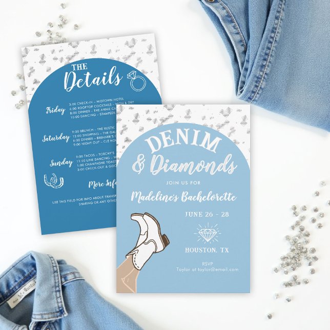 Invitación Denim Diamonds Cowgirl Arch Bachelorette Itinerary (denim and diamonds bachelorette party invite arch confetti hand drawn itinerary cowgirl boots)