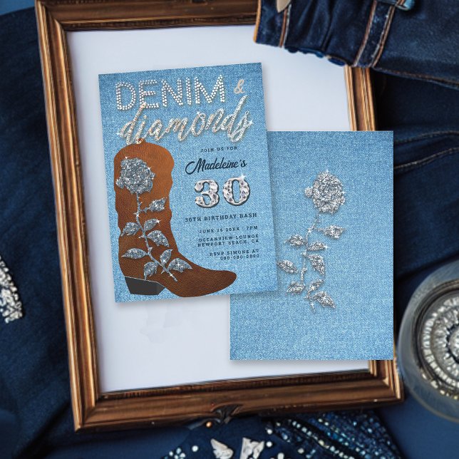Invitación Denim Diamonds Cowgirl Bling Jeans Fiesta de cumpl (Denim and Diamonds Copper Cowgirl Boot 30th Birthday Party Invitation for Women Bling Rose Elegant)
