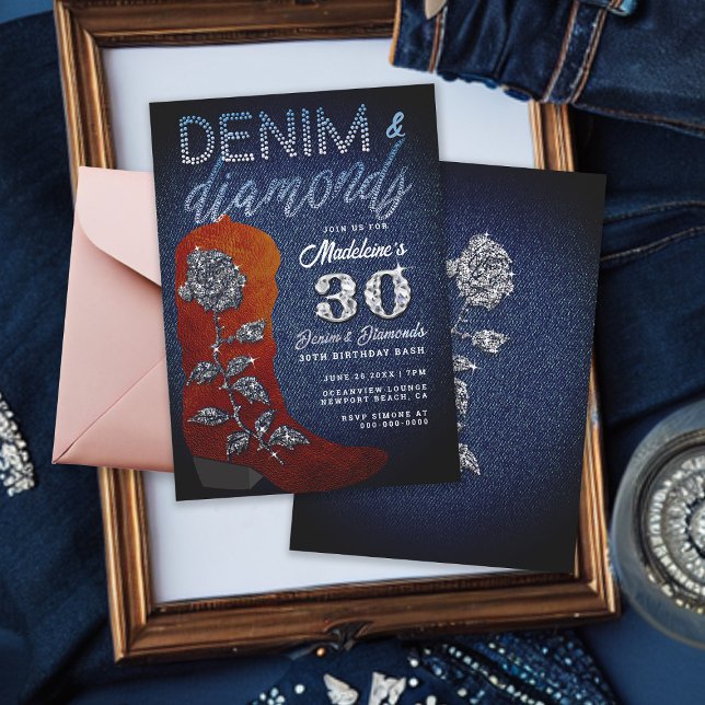 Invitación Denim Diamonds Cowgirl Bling Rosa Fiesta de cumple (Denim and diamonds 30th birthday party for women suede cowgirl boot bling rose terracotta copper)