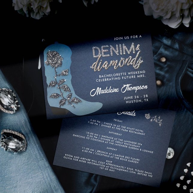 Invitación Denim Diamonds Cowgirl Boot Bachelorette Itinerari (denim and diamonds bachelorette weekend itinerary cowgirl blue jeans boot bling rose glitz glam chic)