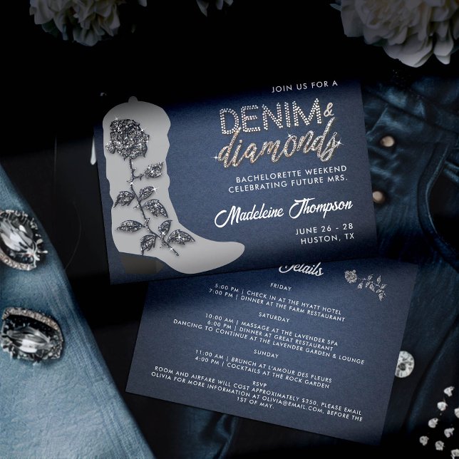 Invitación Denim Diamonds Cowgirl Boot Bachelorette Itinerari (denim and diamonds bachelorette party itinerary invitation grey cowgirl boot rose bling country glam)