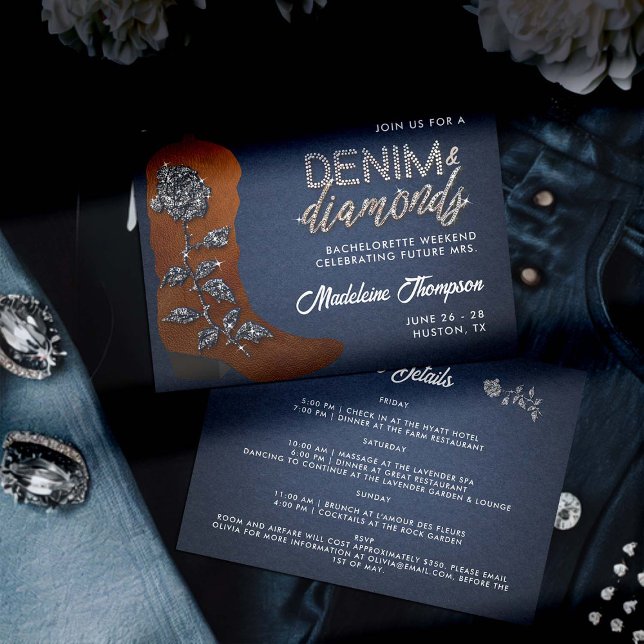 Invitación Denim Diamonds Cowgirl Boot Bachelorette Itinerari (denim and diamonds bachelorette party weekend itinerary classy bling cowgirl boot blue jeans theme)