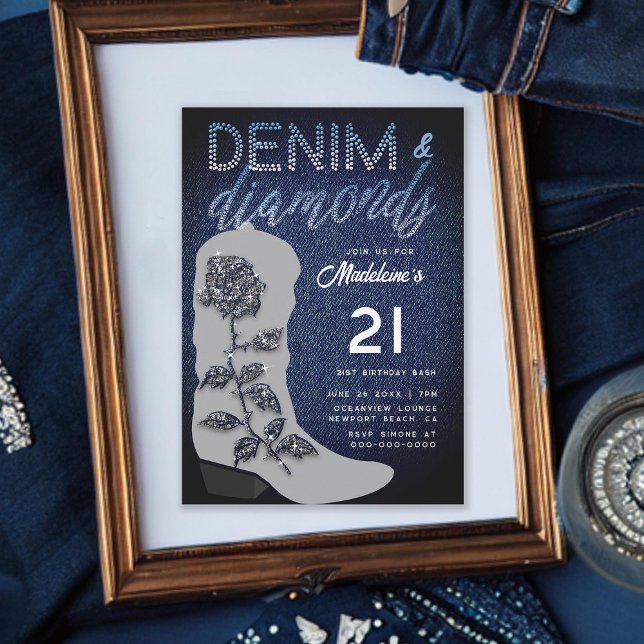Invitación Denim Diamonds Cowgirl Boot Bling 21 cumpleaños (denim and diamonds 21st birthday invite for girls cowgirl boot bling rose classy elegant modern chic)
