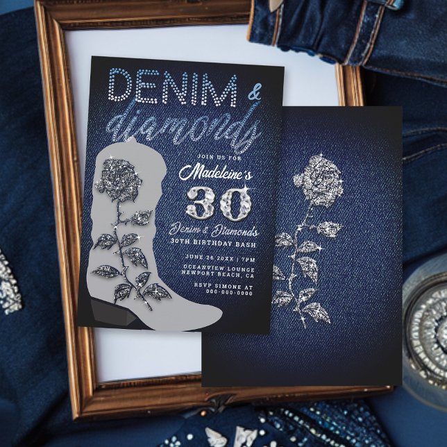 Invitación Denim Diamonds Cowgirl Boot Bling Fiesta de cumple (Denim and Diamonds 30th Birthday Party Invitation for Women Cowgirl Boot Elegant Classy Rose)