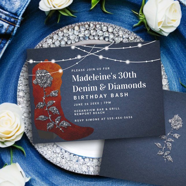 Invitación Denim Diamonds Cowgirl Boot Glam 30 cumpleaños (denim and diamonds 30th birthday invitation women elegant classy bling rustic lights cowgirl boot )