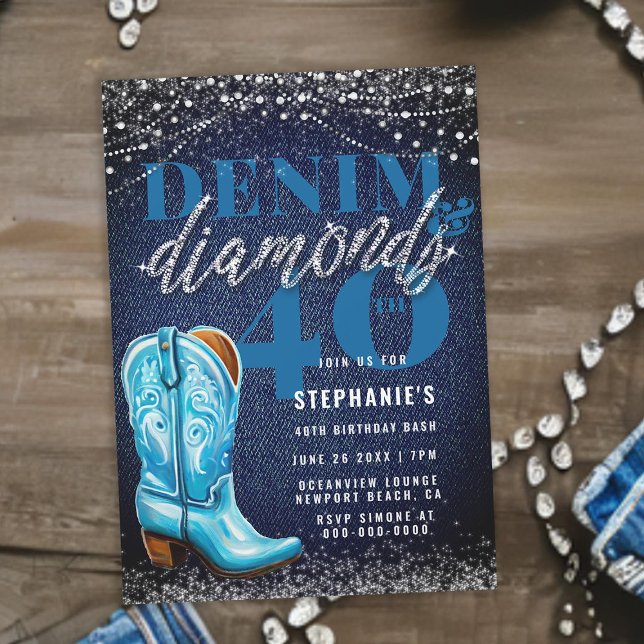 Invitación Denim Diamonds Cowgirl Boot Rustic 40 cumpleaños (denim diamonds 40th birthday invitation for women cowgirl boot countryside horse country classy)
