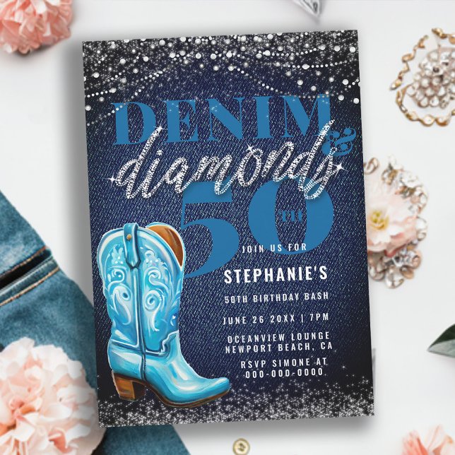 Invitación Denim Diamonds Cowgirl Boot Rustic 50 cumpleaños (denim and diamonds 50th birthday invitation for women cowgirl boot elegant classy rustic lights chic)