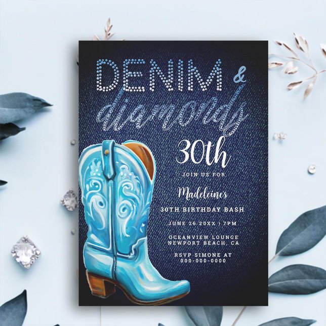 Invitación Denim Diamonds Cowgirl Boot Rustic Birday Party (denim diamonds 30th birthday party invitation for women rustic glam barn country blue cowgirl boot)