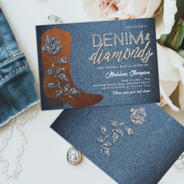 Invitación Denim Diamonds Cowgirl Boot Western 30 cumpleaños (denim and diamonds theme 30th birthday invitation women country cowgirl boot western blue jeans chic)